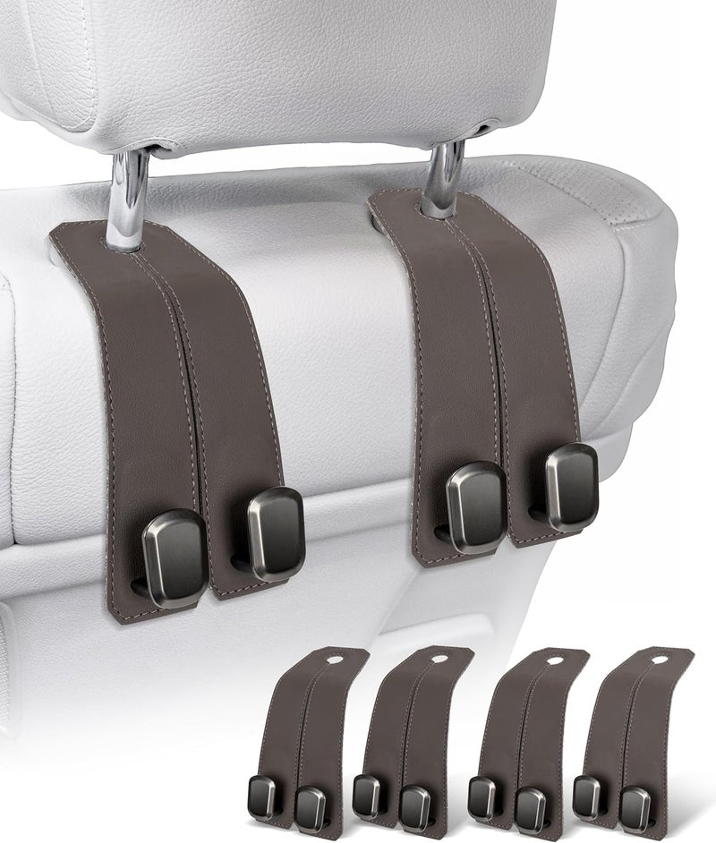 VETERBONE Car Hooks for Purses, 4PCS Car Purse Holder Hook Luxurious Leather 100% Metal Car Hooks for Headrest Multifunctional Car Hangers for Seat Car Seat Back Storage Hook Accessories (Brown) - Image 1